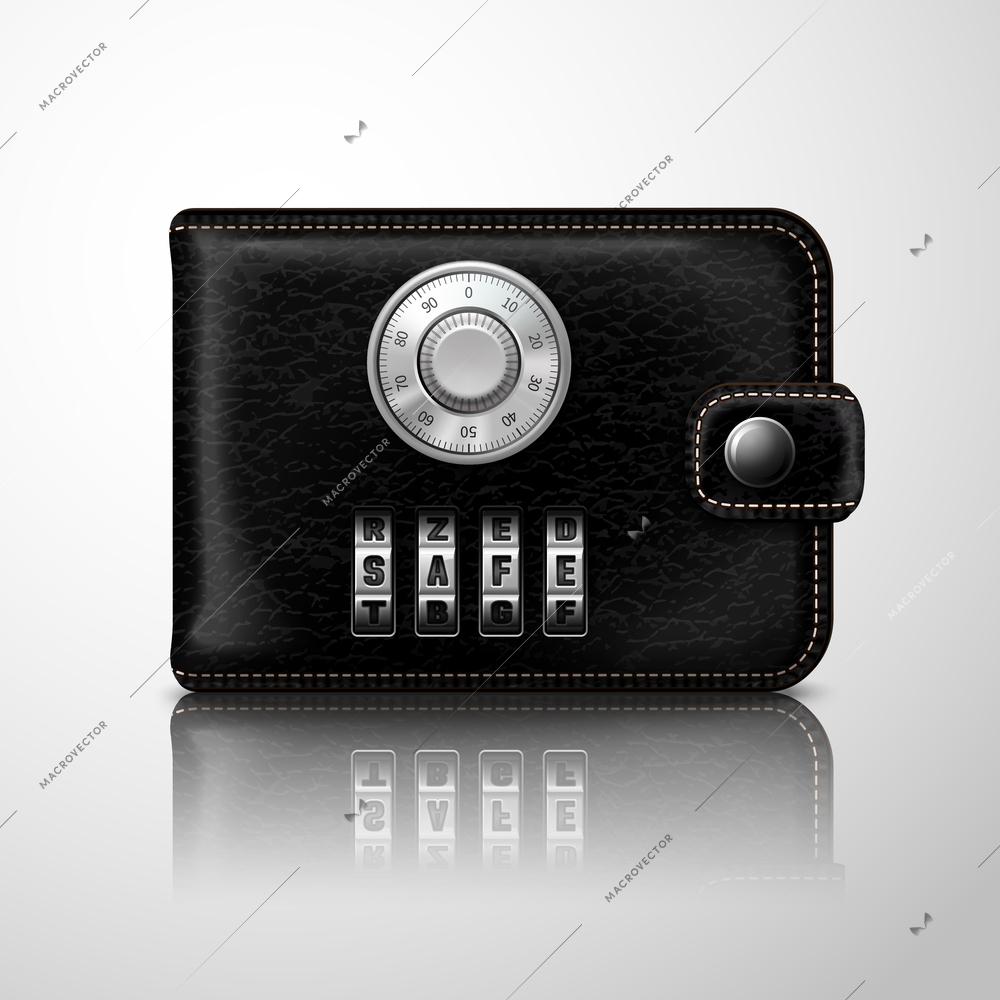 Classic modern black leather wallet locked with combination code lock financial security concept vector illustration