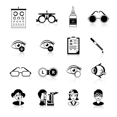 Ophthalmology black white icons set with eyesight problems symbols flat isolated vector illustration