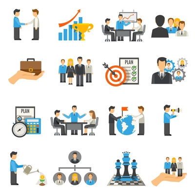 Management flat icons set with businessmen on work meeting and conferences isolated vector illustration