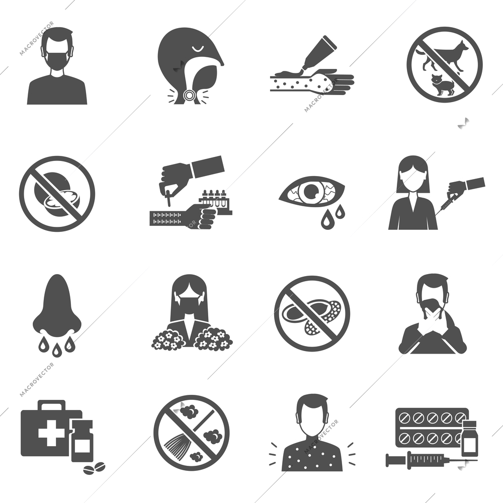 Allergy icons black set with people with disease symptoms isolated vector illustration