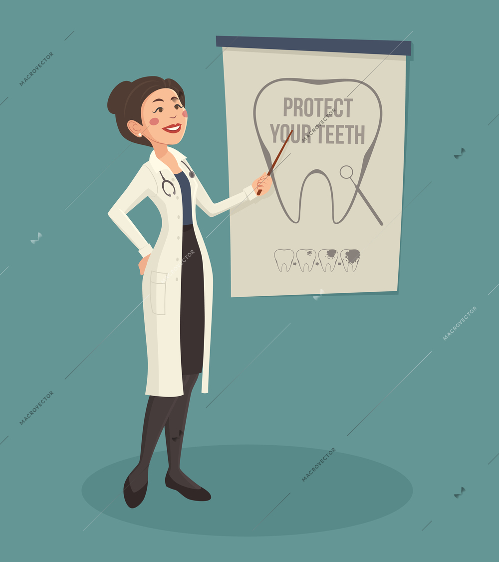 Woman doctor speaker with dental poster and pointer cartoon vector illustration