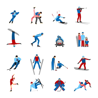 Winter sportsmen set with people on snowboard skies skates isolated vector illustration