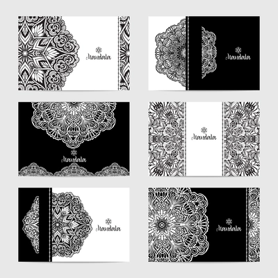 Decorative cards set with elegant monochrome mandalas isolated vector illustration