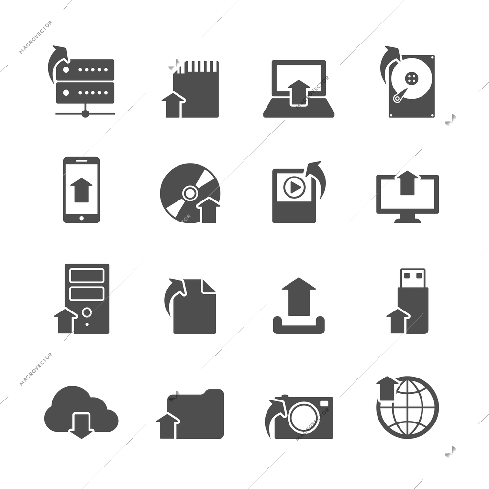 Internet upload symbols collection for computer and mobile electronic devices black icons set isolated vector illustration