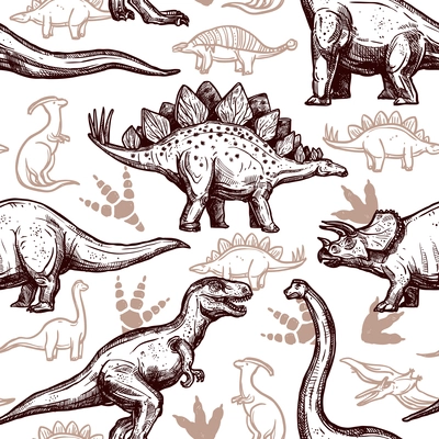 Prehistoric dinosaurs reptiles with footprints on background seamless wrap paper pattern two-color doodle style abstract vector illustration