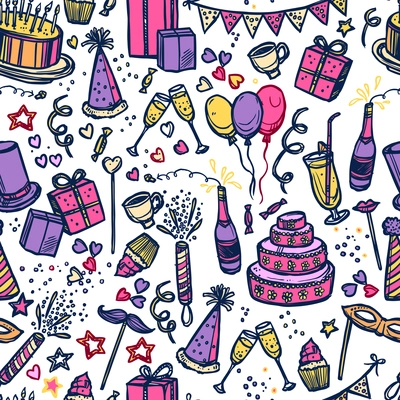 Birthday celebration party time attributes symbols and accessories colorful pictograms  seamless tileable paper pattern abstract vector illustration. Editable EPS and Render in JPG format