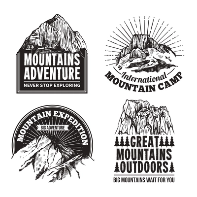 Mountain climbing tourism adventures travel agencies 4  graphic  black labels emblems logo collection abstract isolated vector illustration