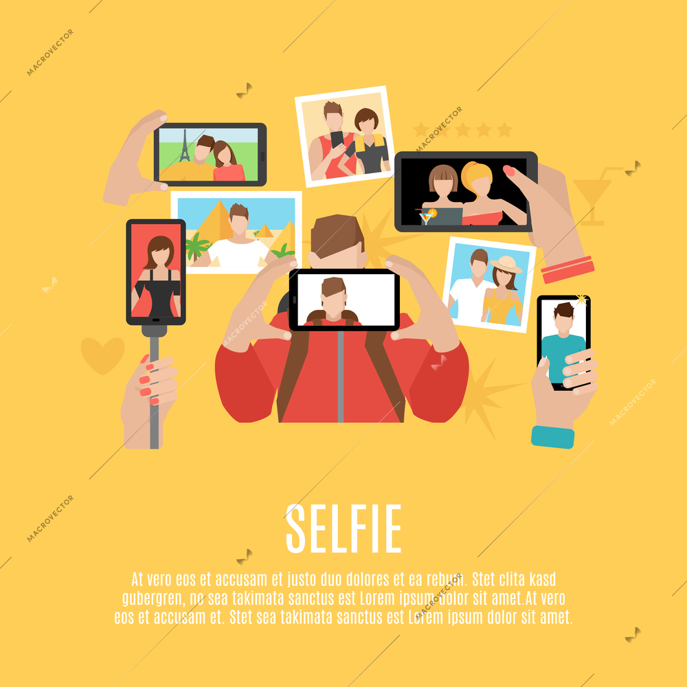 Selfie pictures taking flat icons composition poster of your own photo  and with friends abstract  vector illustration