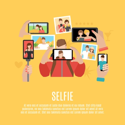 Selfie pictures taking flat icons composition poster of your own photo  and with friends abstract  vector illustration