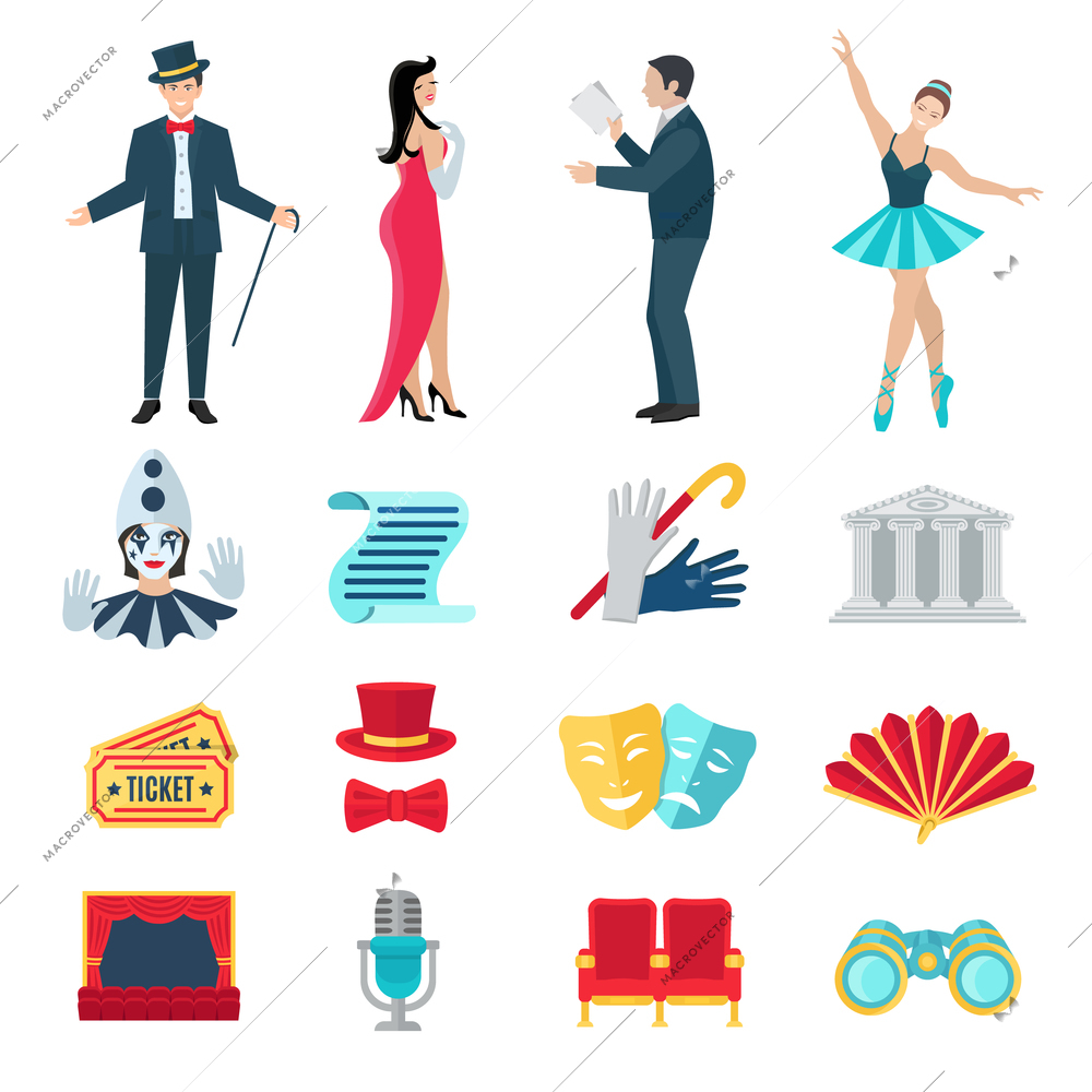 Theater flat icons set with drama and music performance symbols isolated vector illustration