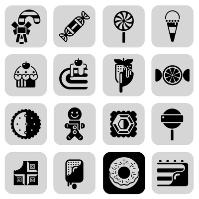 Sweets black white square icons set with ice cream donuts and cookies flat isolated vector illustration