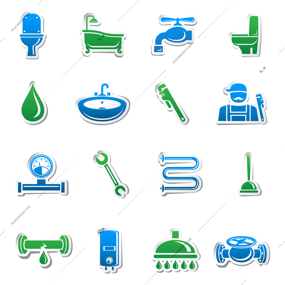 Plumbing tools sticker collection of plumber tools and pipes design elements vector illustration