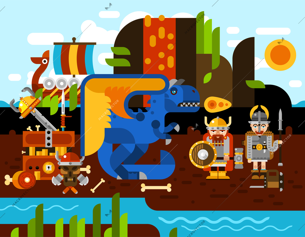 Viking background with dragon boat treasure and weapon flat vector illustration