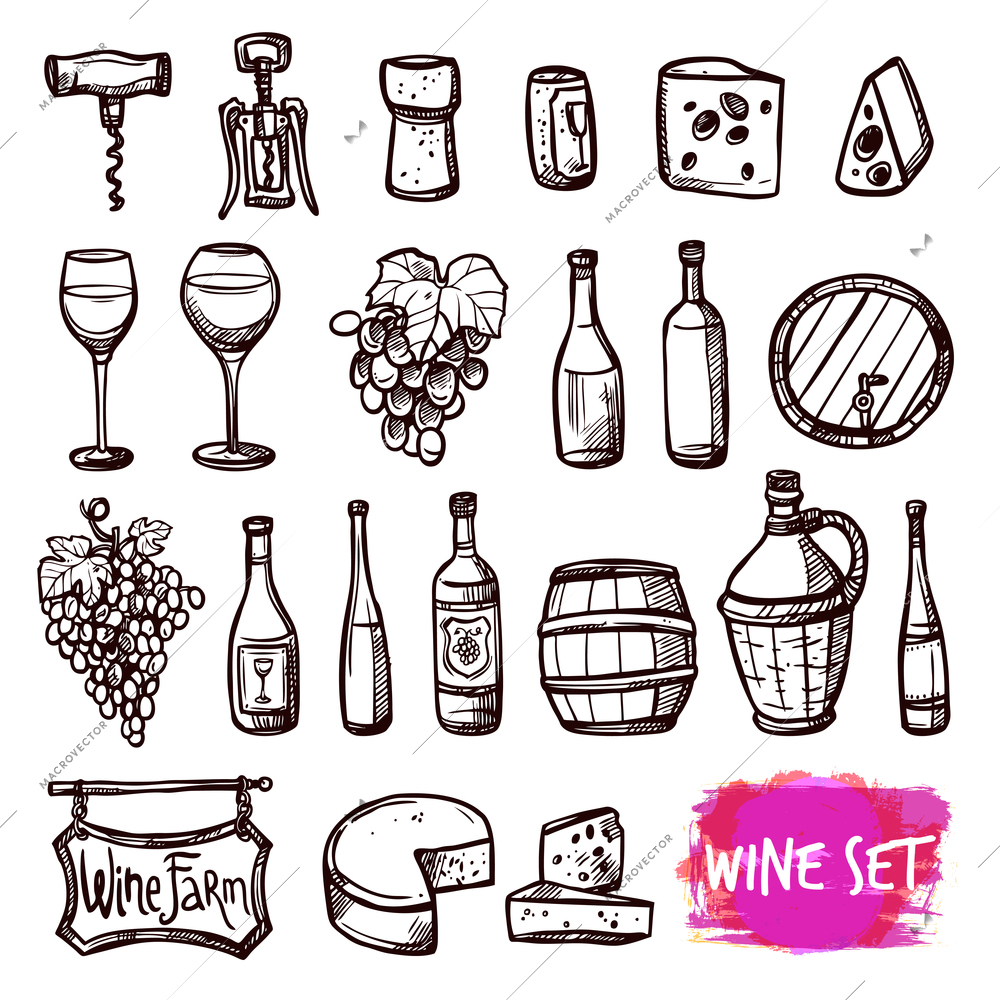 Winery farm black doodle pictograms collection for restaurant wine consumption with cheese chasers abstract vector isolated illustration