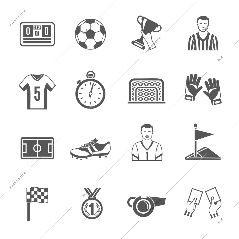 Soccer and football sport black icons set isolated vector illustration