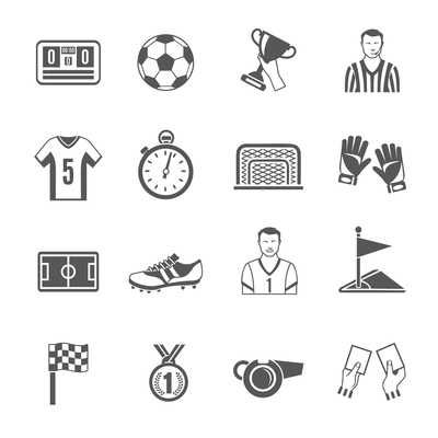 Soccer and football sport black icons set isolated vector illustration