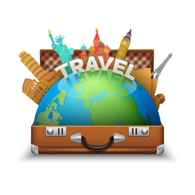 Vintage open tourist suitcase with globe and world landmarks inside vector illustration