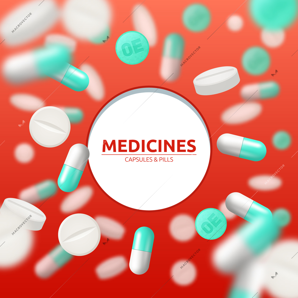 Medical background with white and green pills and capsules vector illustration