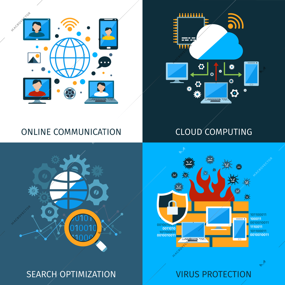 Network security design concept set with search optimization icons isolated vector illustration