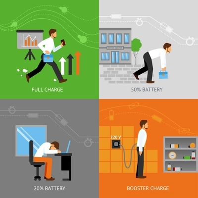 Businessman energy design concept set with battery charge levels flat icons isolated vector illustration