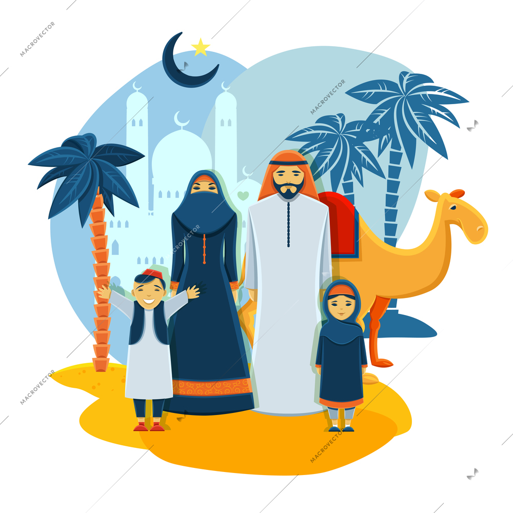 Muslim family concept with mosque parents and children flat vector illustration