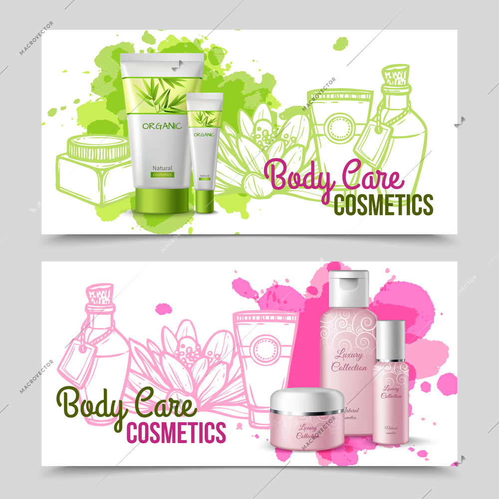 Body care luxury collection present set and eco green cosmetics products 2 banners  abstract  isolated vector illustration