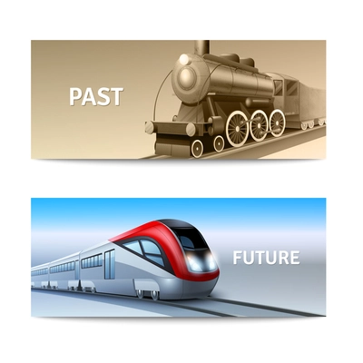 Modern and retro train locomotives horizontal banner set isolated vector illustration