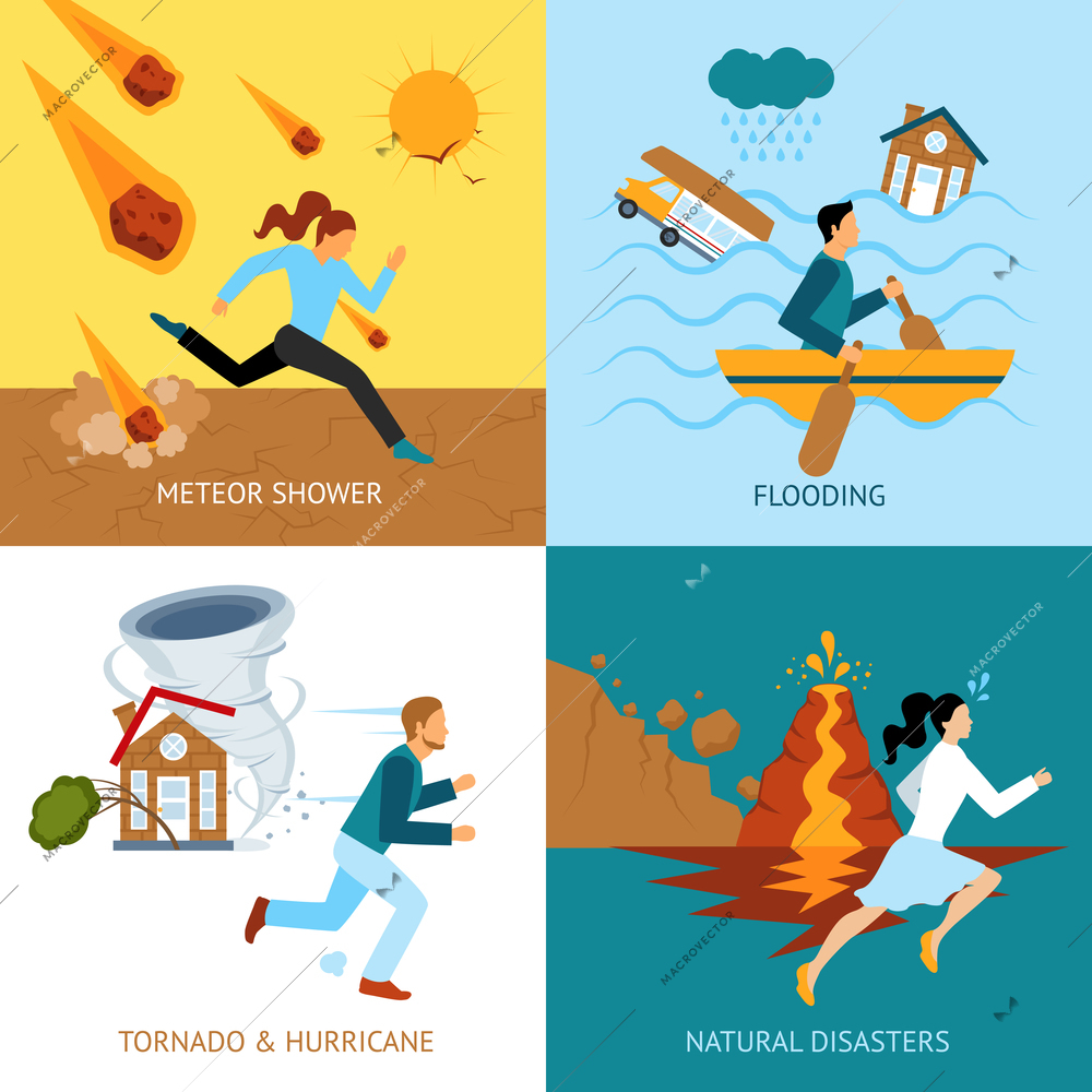 Natural disasters safety design concept with people escape from tornado and hurricane flat icons isolated vector illustration