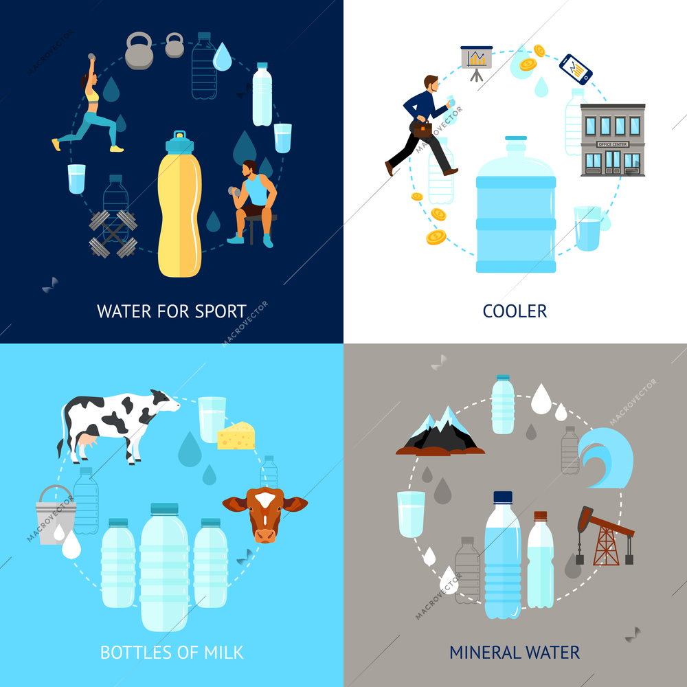 Plastic bottle design concept set with mineral water for sport flat icons isolated vector illustration