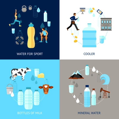 Plastic bottle design concept set with mineral water for sport flat icons isolated vector illustration