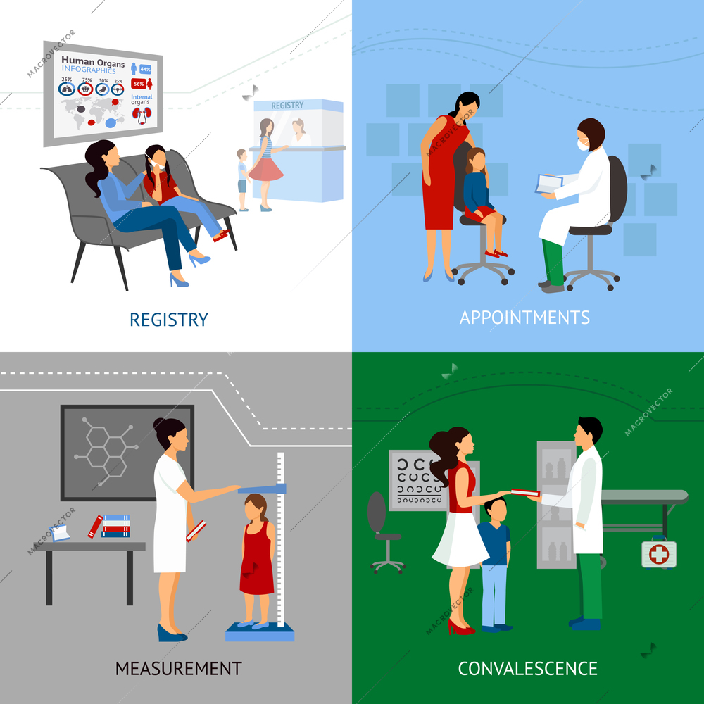 Pediatrician design concept set with registry and apointment flat icons isolated vector illustration