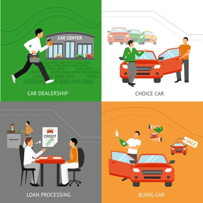 Car dealership design concept set with car choice process flat icons set isolated vector illustration