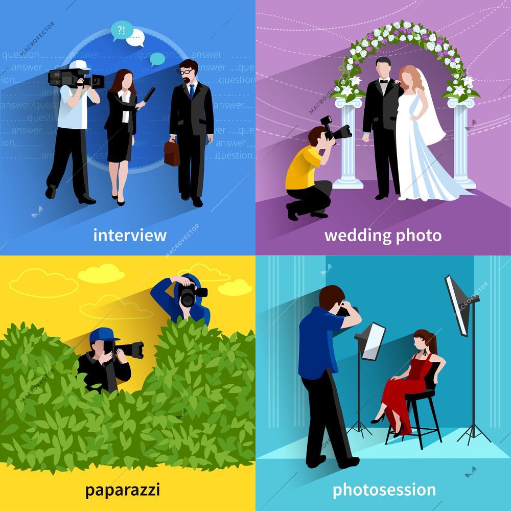 Photographer icons set with interview wedding photo paparazzi and photosession symbols flat isolated vector illustration