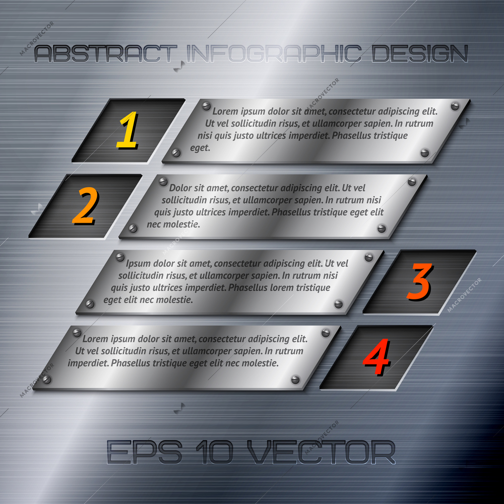 Abstract metal business infographics options layout design with steel silver chrome surface vector illustration