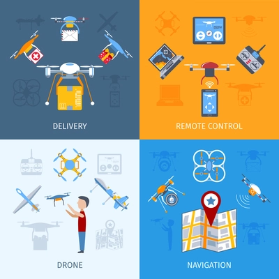 Drone design concept set with remote control flat icons isolated vector illustration