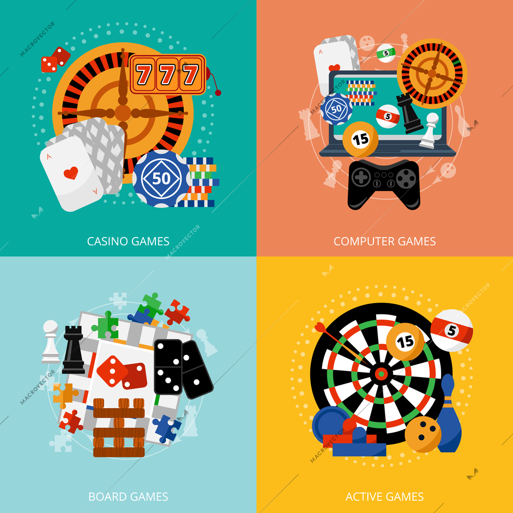 Popular gambling games of fortune entertainment casino poster with 4 flat icons composition abstract isolated vector illustration