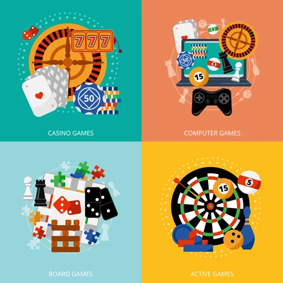 Popular gambling games of fortune entertainment casino poster with 4 flat icons composition abstract isolated vector illustration