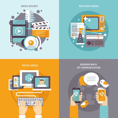 Media design concept set with communication sources flat icons isolated vector illustration