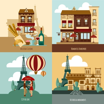 Paris touristic set with delicious cuisine and historical landmarks flat icons isolated vector illustration