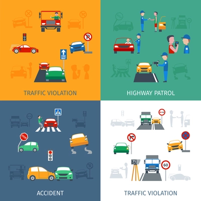 Traffic violation design concept set with road accidents flat icons isolated vector illustration