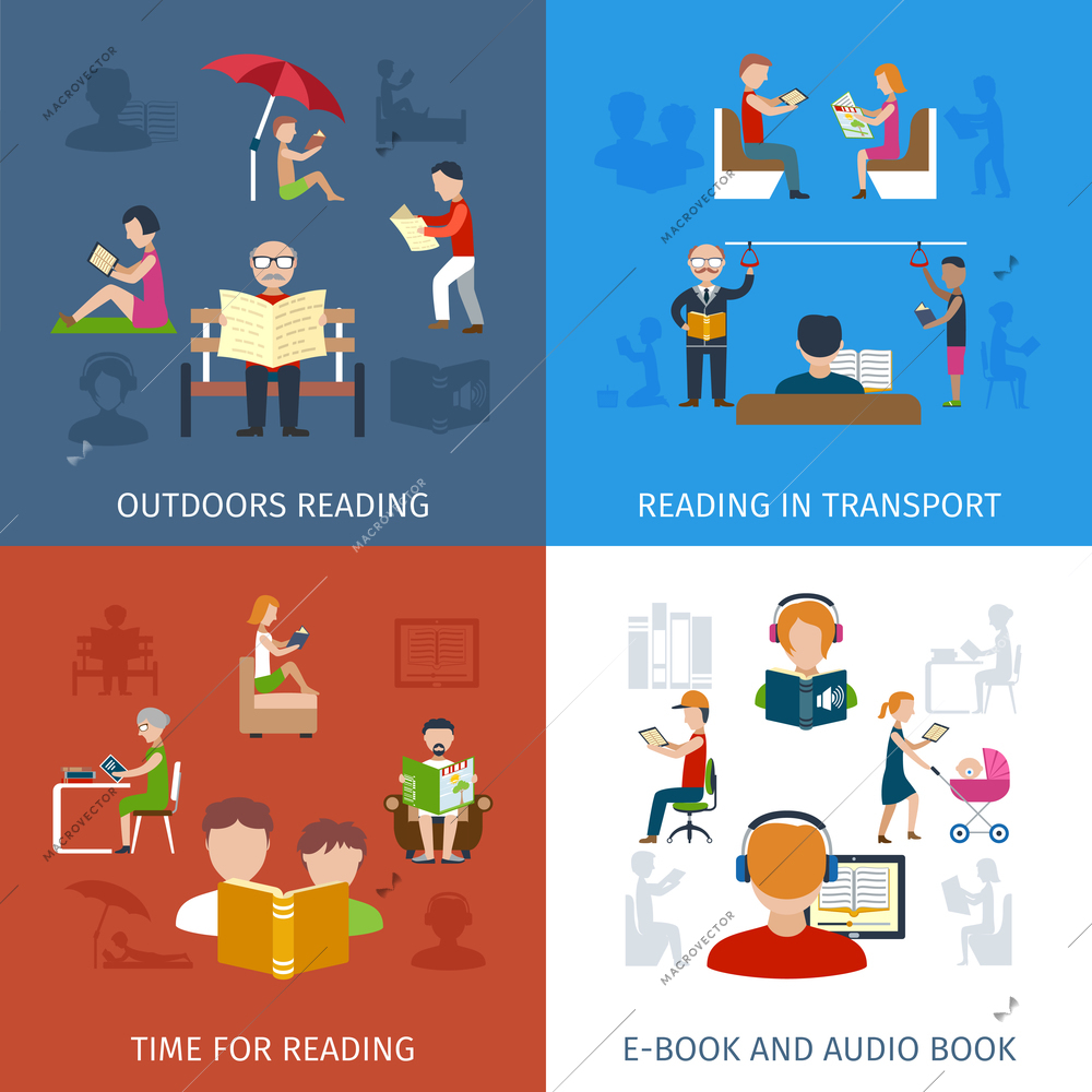 People reading design concept set with e-book and audio books icons isolated vector illustration