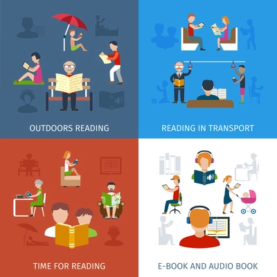 People reading design concept set with e-book and audio books icons isolated vector illustration