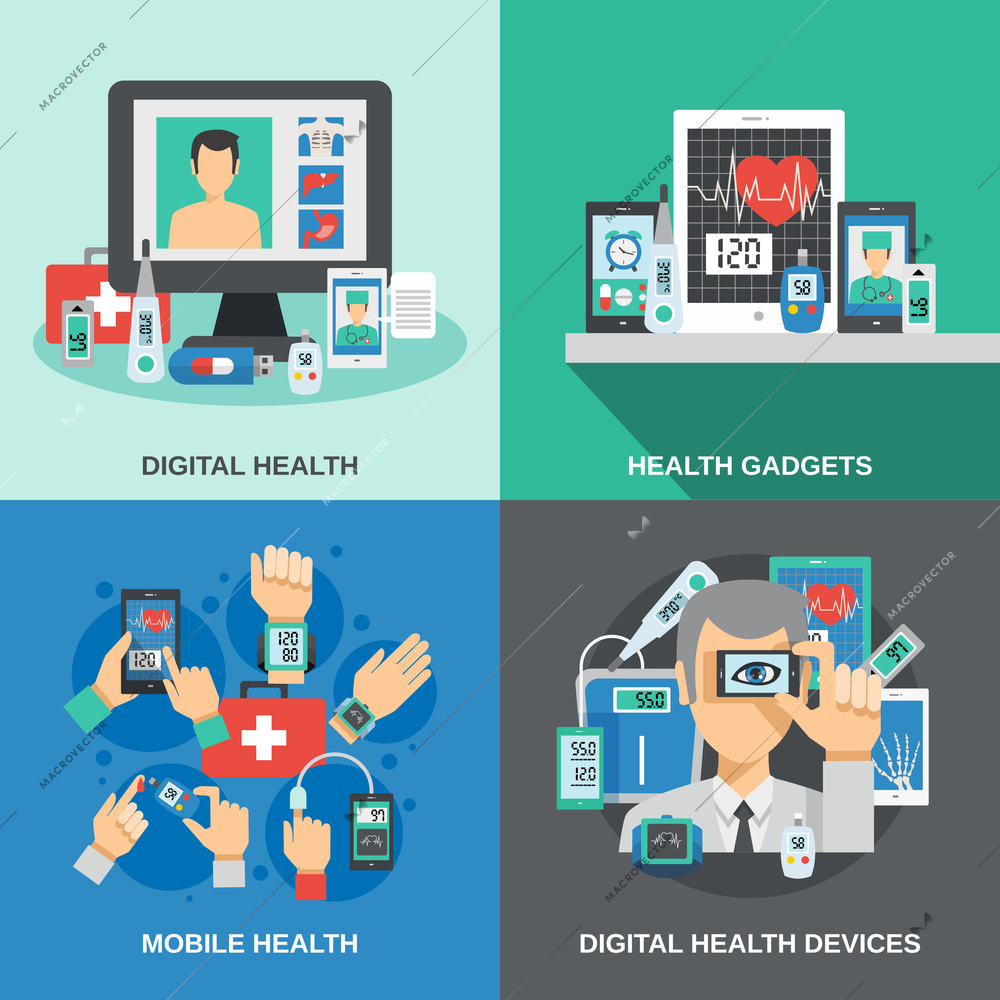Digital health design concept set with mobile diagnostics flat icons isolated vector illustration