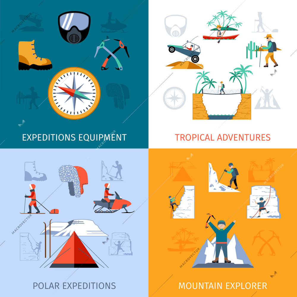 Expedition design concept set with explorer equipment isolated vector illustration