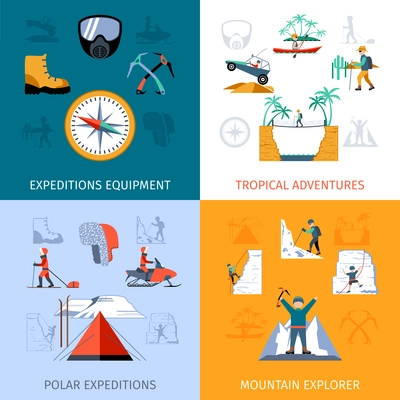 Expedition design concept set with explorer equipment isolated vector illustration