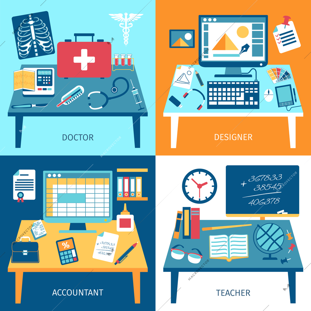 Workspace design concept set with doctor designer accountant and teacher rooms isolated vector illustration