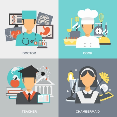Profession design concept set with doctor cook teacher and chambermaid flat icons isolated vector illustration