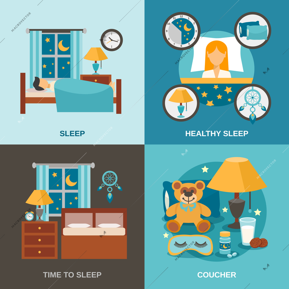 Sleep time design concept set with bedroom interior icons isolated vector illustration