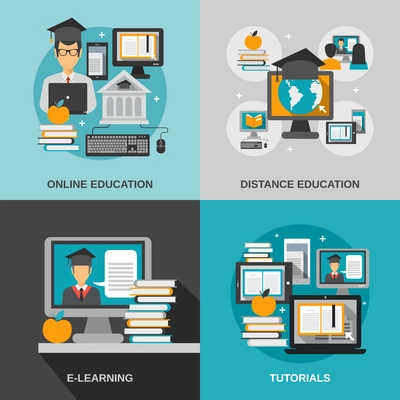 E-learning design concept set with online education flat icons isolated vector illustration