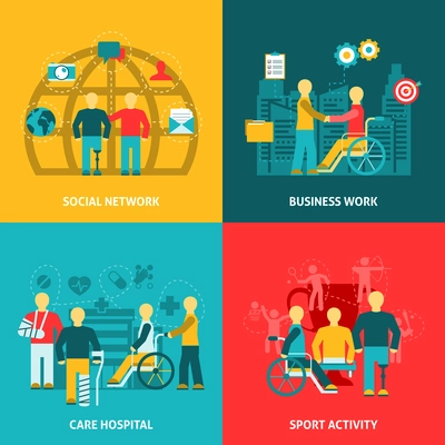 Flat color icons composition with disabled working  in  business  network hospital  sport  vector illustration.